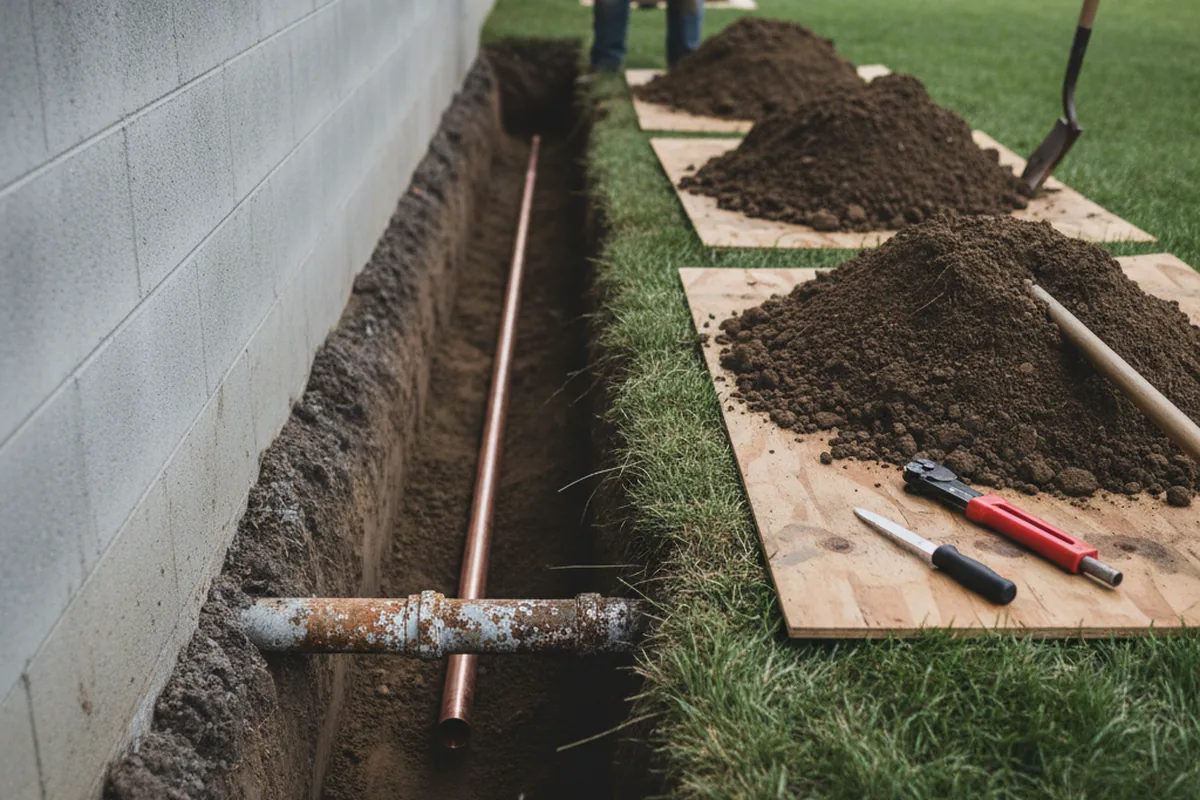 Excavated water line trench during Water Softener Installation in Blomkest